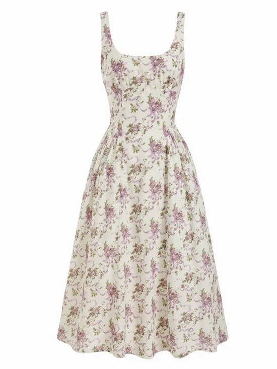 Cider Dresses & Skirts - Cider Tie-Back Corset Mid Rise Floral Purple White Sleeveless Midi Dress